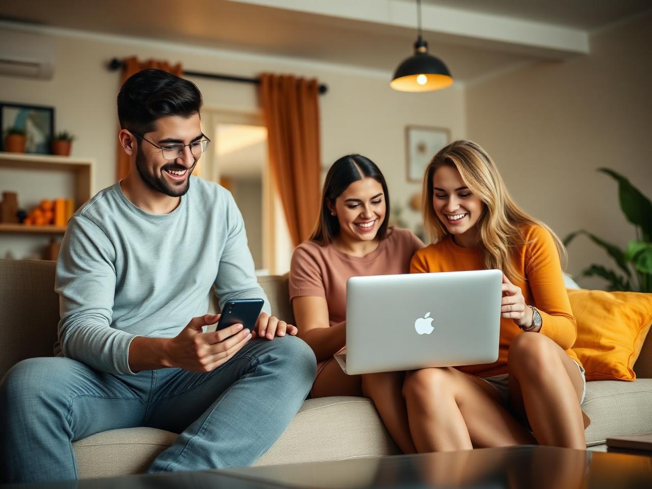 Família usando internet de fibra óptica em casa